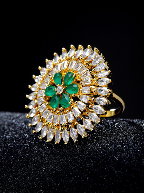 

Bhana Fashion Gold-Plated White & Green AD Stone-Studded Floral Handcrafted Finger Ring