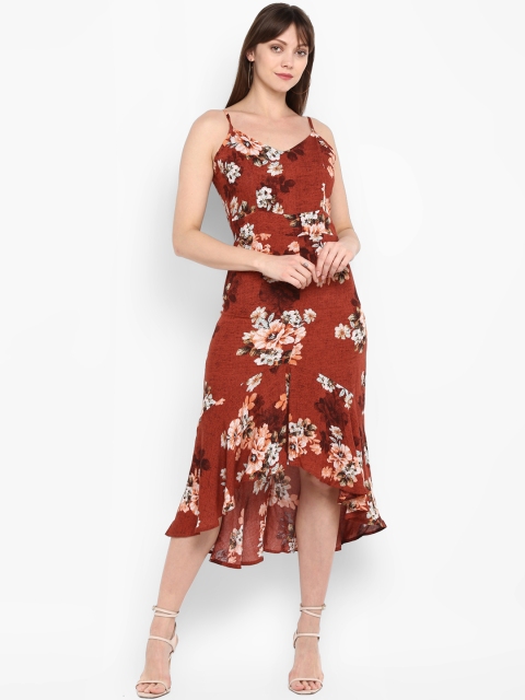 

MIAMINX Women Rust Red & Pink Printed Fit and Flare Dress