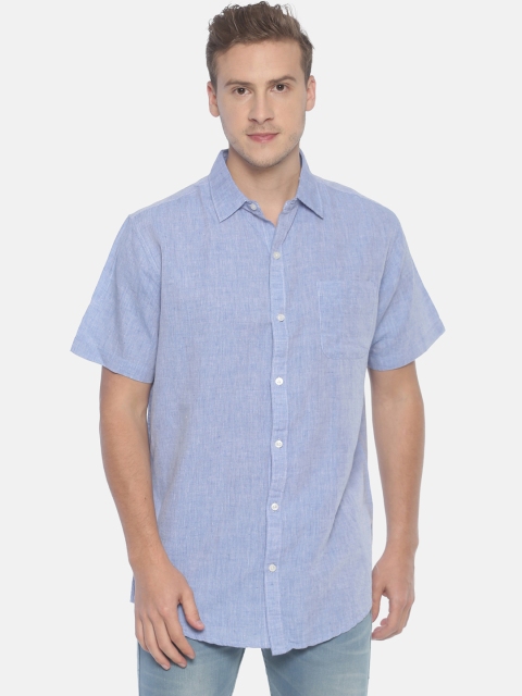 

Balista Men Blue Standard Regular Fit Solid Cotton Linen Casual Shirt