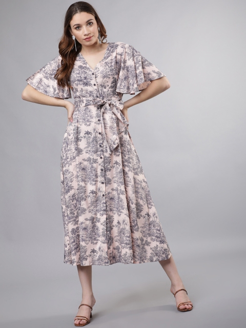 

Tokyo Talkies Women Beige Printed Fit and Flare Dress