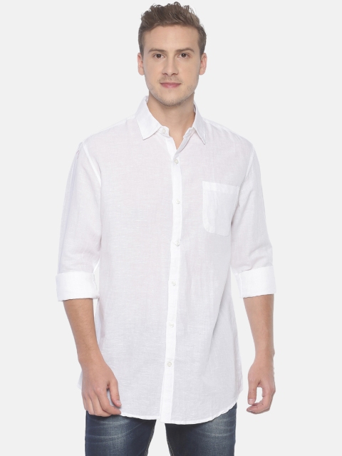 

Balista Men White Standard Regular Fit Solid Cotton Linen Casual Shirt