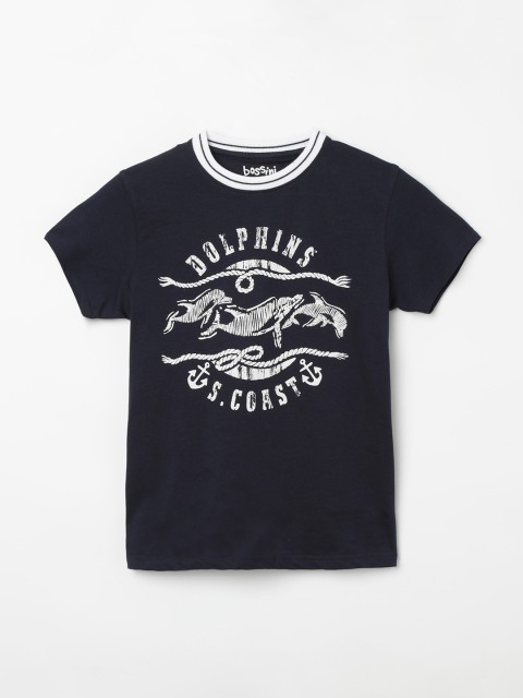 Bossini Boys Navy Blue Printed Round Neck T-shirt