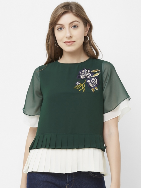 

Soie Women Green & Off White Embroidered Peplum Top