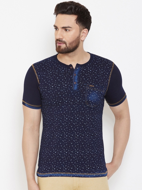 

Adobe Men Navy Blue Printed Henley Neck T-shirt