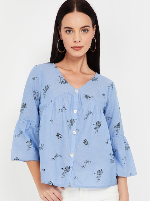 

Fame Forever by Lifestyle Women Blue Floral Print A-Line Top