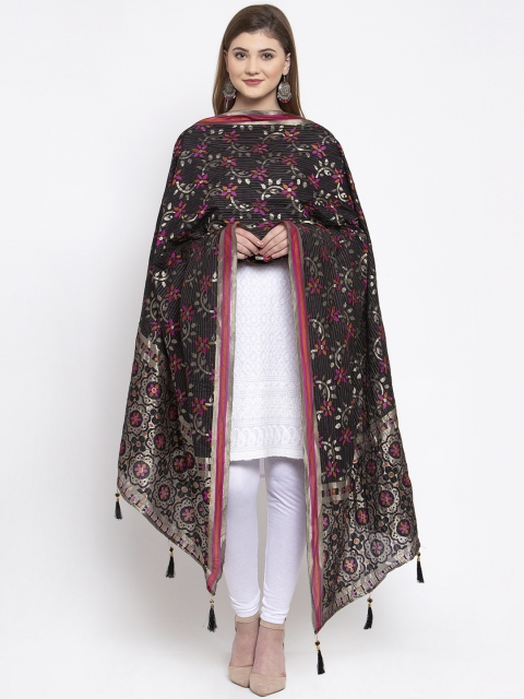 

Sugathari Black & Silver-Coloured Woven Design Dupatta
