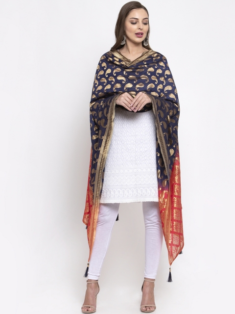 

Sugathari Navy Blue & Red Woven Design Dupatta