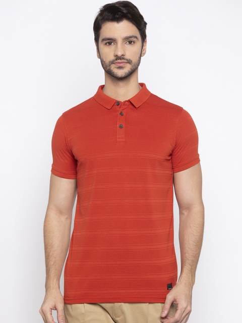 

SPYKAR Men Orange Striped Slim Fit Polo Collar T-shirt