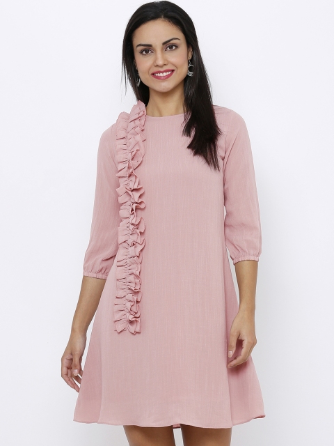 

Soie Women Pink Solid Ruffle A-Line Dress