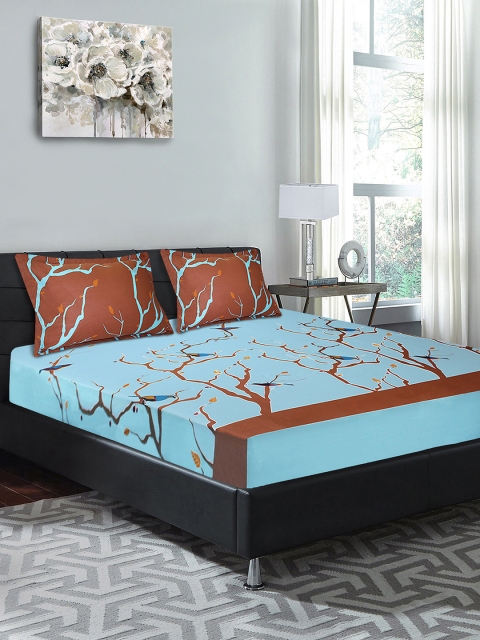 

Good Homes by Home Candy Blue & Brown Abstract 144 TC Cotton 1 Queen Bedsheet with 2 Pillow Covers