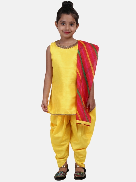 

BownBee Girls Yellow & Red Embroidered Kurta with Dhoti Pants & Dupatta