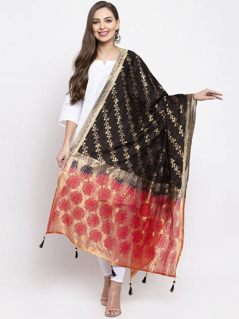

Sugathari Black & Red Woven Design Dupatta