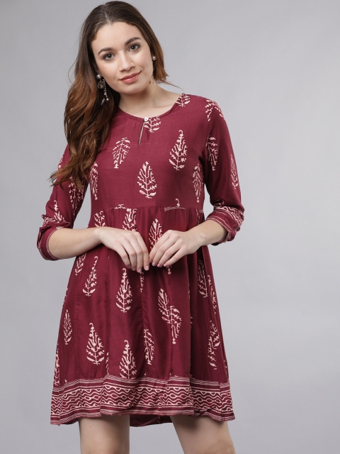 

Vishudh Women Maroon Printed A-Line Dress