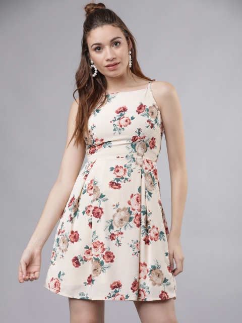 

Tokyo Talkies Women Beige & Pink Printed Fit and Flare Dress