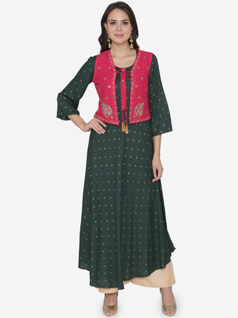 

DIVA WALK Women Green & Gold-Toned Printed A-Line Kurta