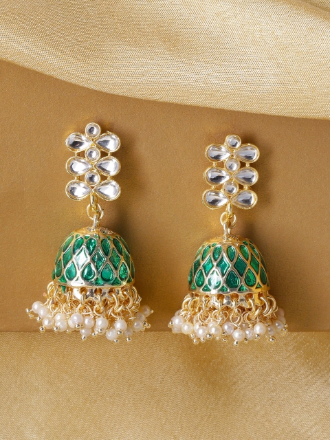 

Kairi Gold-Plated & Green Embellished Dome Shaped Jhumkas