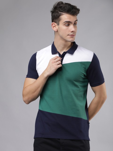 

HIGHLANDER Men Green & Navy Blue Colourblocked Slim Fit Polo Collar T-shirt