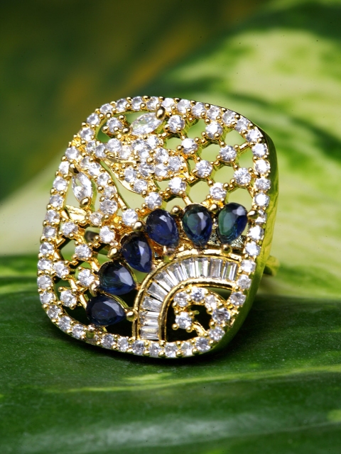

Bhana Fashion Gold-Plated & Blue AD Studded Handcrafted Geometric Finger Ring