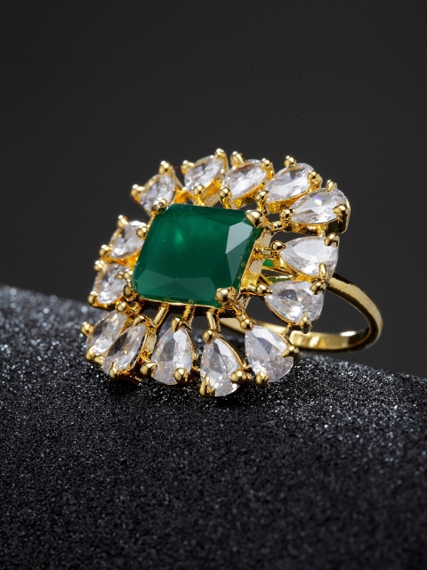 

Bhana Fashion Gold-Plated White & Green Stone Studded American Diamond Handcrafted Rectangular Finger Ring