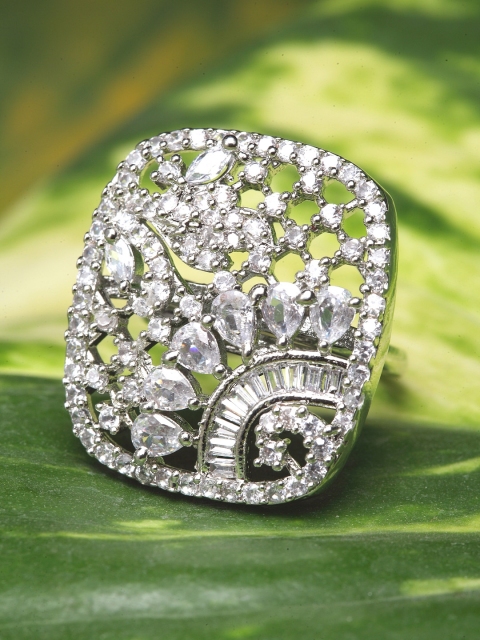 

Bhana Fashion Silver-Plated & White American Diamond Handcrafted Geometric Finger Ring