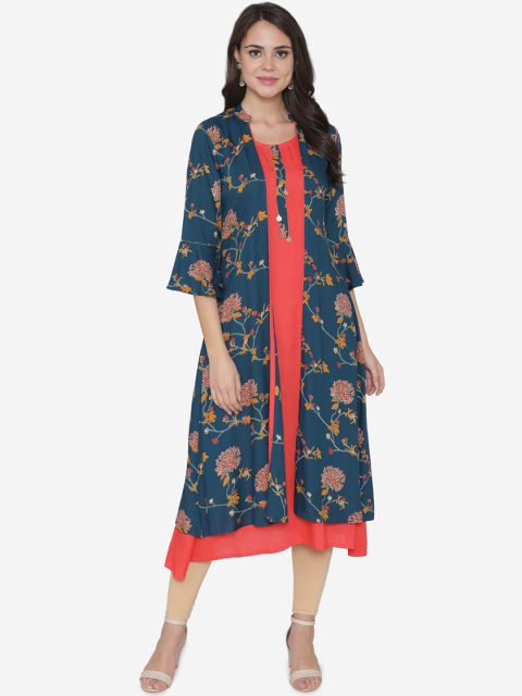 

DIVA WALK Women Coral & Teal Blue Floral Printed A-Line Kurta