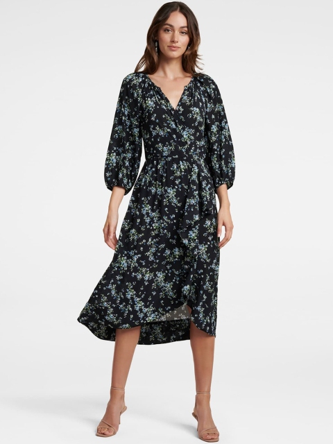 

Forever New Women Black & Blue Printed Wrap Midi Dress