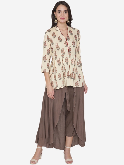 

DIVA WALK Women Cream-Coloured & Brown Printed Kurta with Skirt