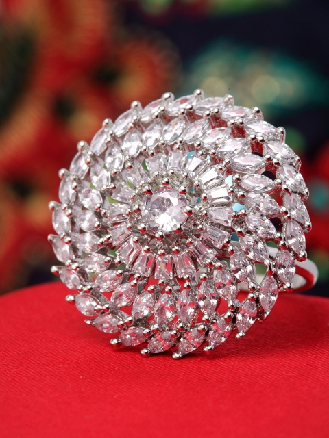

Bhana Fashion Women Silver-Plated & White Stone Studded American Diamond Handcrafted Finger Ring