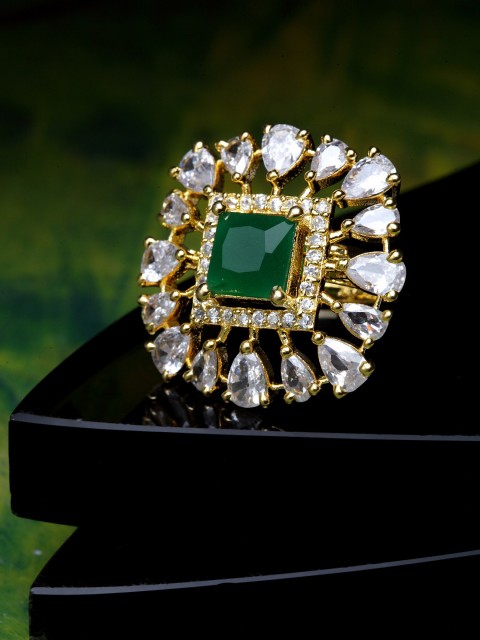 

Bhana Fashion Gold-Plated White & Green Stone Studded American Diamond Handcrafted Square Finger Ring