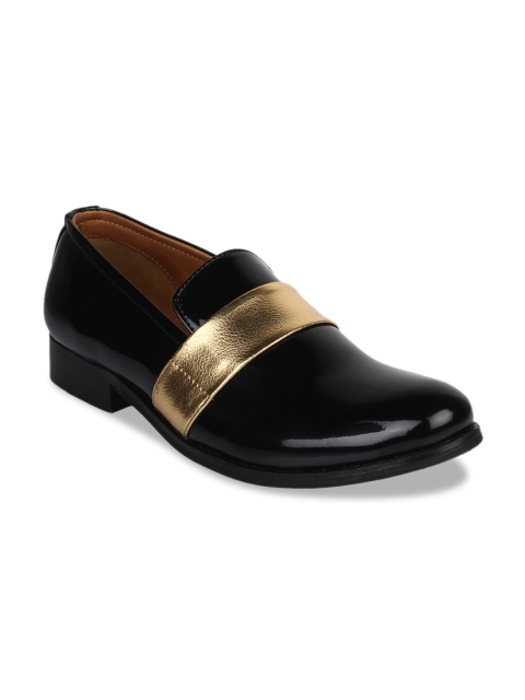 

LUJO Men Black & Gold-Toned Solid Formal Slip-Ons