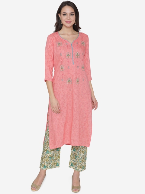 

DIVA WALK Women Peach-Coloured & Green Embroidered Kurta with Palazzos & Dupatta