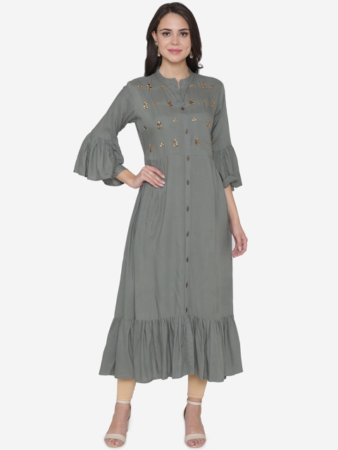 DIVA WALK Women Grey & Golden Embellished A-Line Kurta