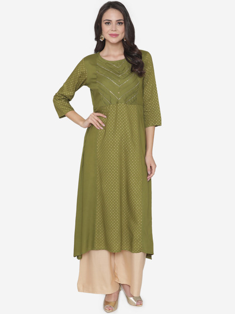 

DIVA WALK Women Olive Green Embellished A-Line Kurta