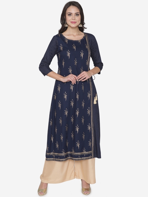 

DIVA WALK Women Blue & Gold-Toned Printed Layered Angrakha A-Line Kurta, Navy blue
