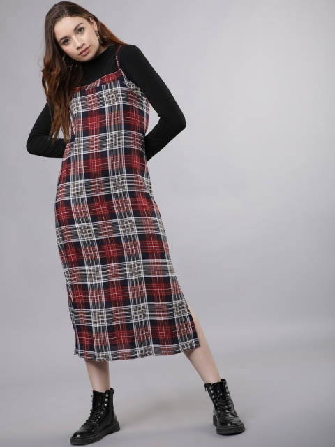 

Tokyo Talkies Women Navy Blue And Red Checked Pinafore Dress
