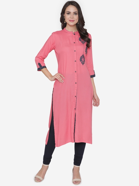 

DIVA WALK Women Pink & Navy Blue Embroidered Straight Kurta