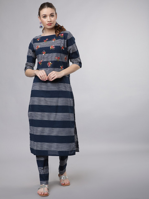 

Vishudh Women Navy Blue & White Embroidered Kurta with Trousers