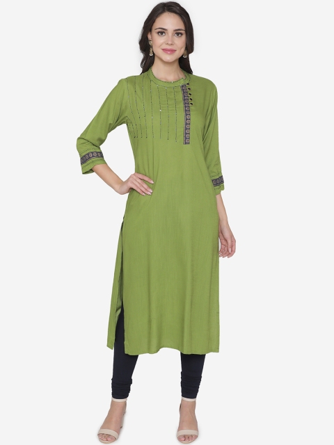 

DIVA WALK Women Fluorescent Green & Navy Blue Embroidered Straight Kurta