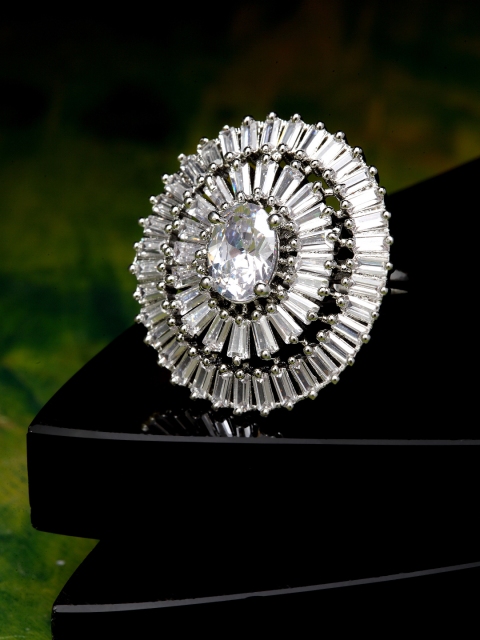 

Bhana Fashion Silver-Plated American Diamond Handcrafted Oval Finger Ring
