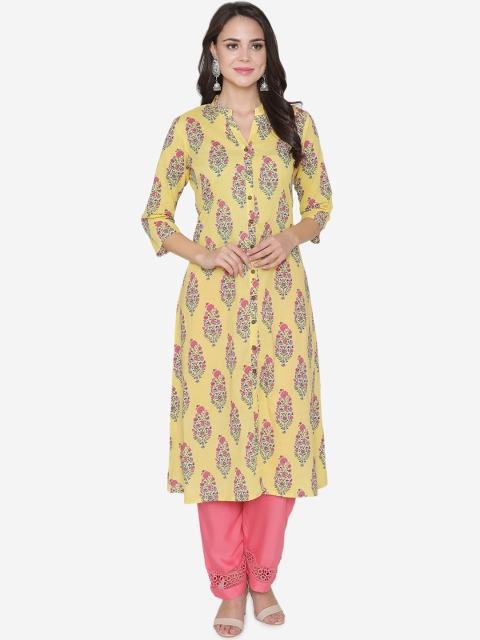 

DIVA WALK Women Yellow & Pink Printed A-Line Kurta