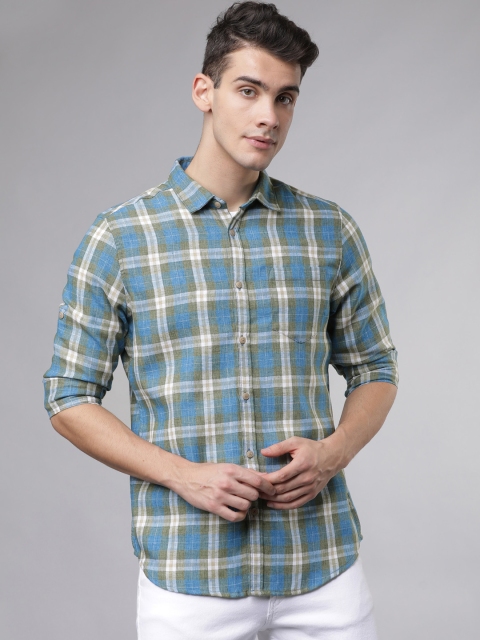 

Ecko Unltd Men Teal Green & Olive Green Slim Fit Checked Casual Shirt