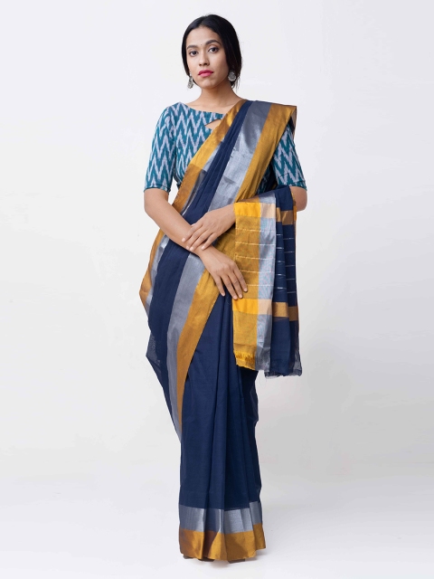 

Unnati Silks Navy Blue & Gold-Coloured Pure Cotton Solid Uppada Sustainable Saree