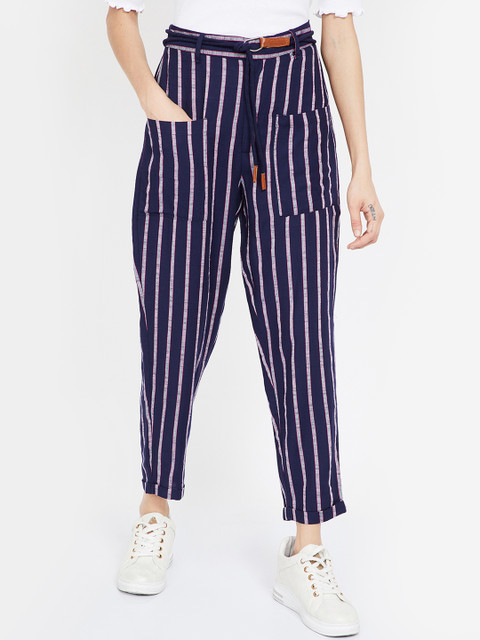

Ginger by Lifestyle Women Navy Blue & White Regular Fit Striped Regular Trousers