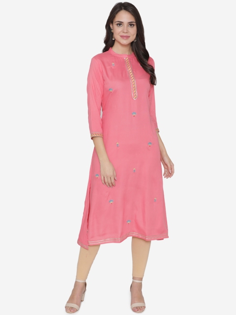 

DIVA WALK Women Pink & Yellow Embroidered A-Line Kurta