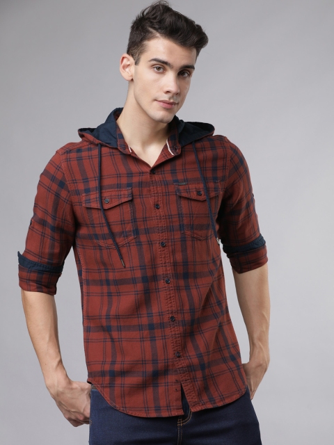 

Ecko Unltd Men Rust Brown & Navy Blue Slim Fit Checked Hooded Casual Shirt