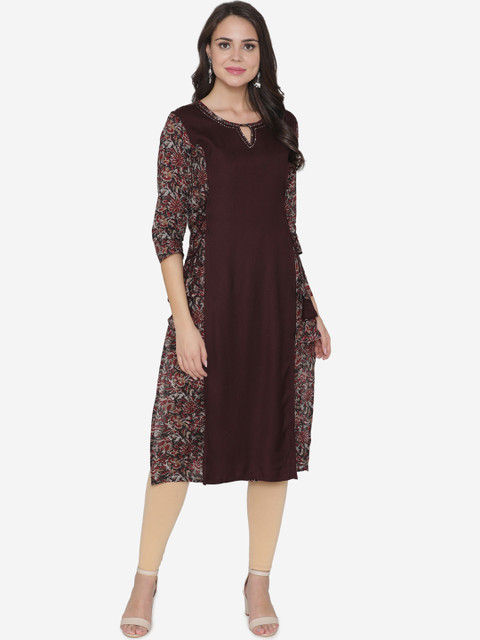 

DIVA WALK Women Coffee Brown & Red Printed Straight Kurta