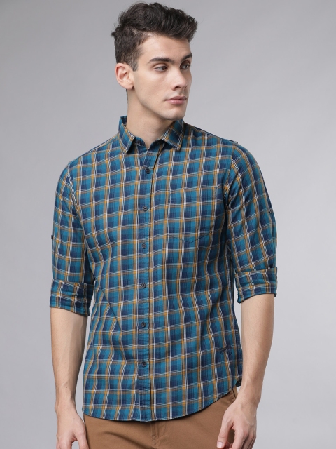 

Ecko Unltd Men Navy Blue & Mustard Slim Fit Checked Casual Shirt