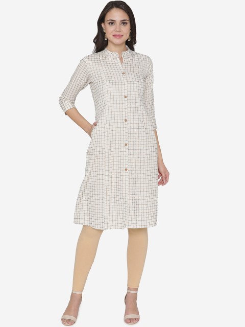 

DIVA WALK Women White & Gold-Toned Checked A-Line Kurta