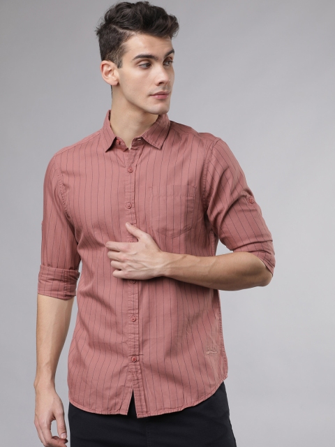 

Ecko Unltd Men Rust Red Slim Fit Striped Casual Shirt