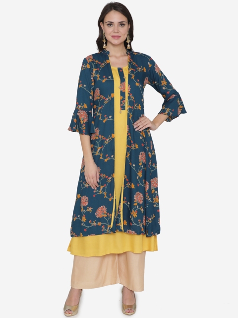 

DIVA WALK Women Yellow & Teal Blue Printed A-Line Kurta